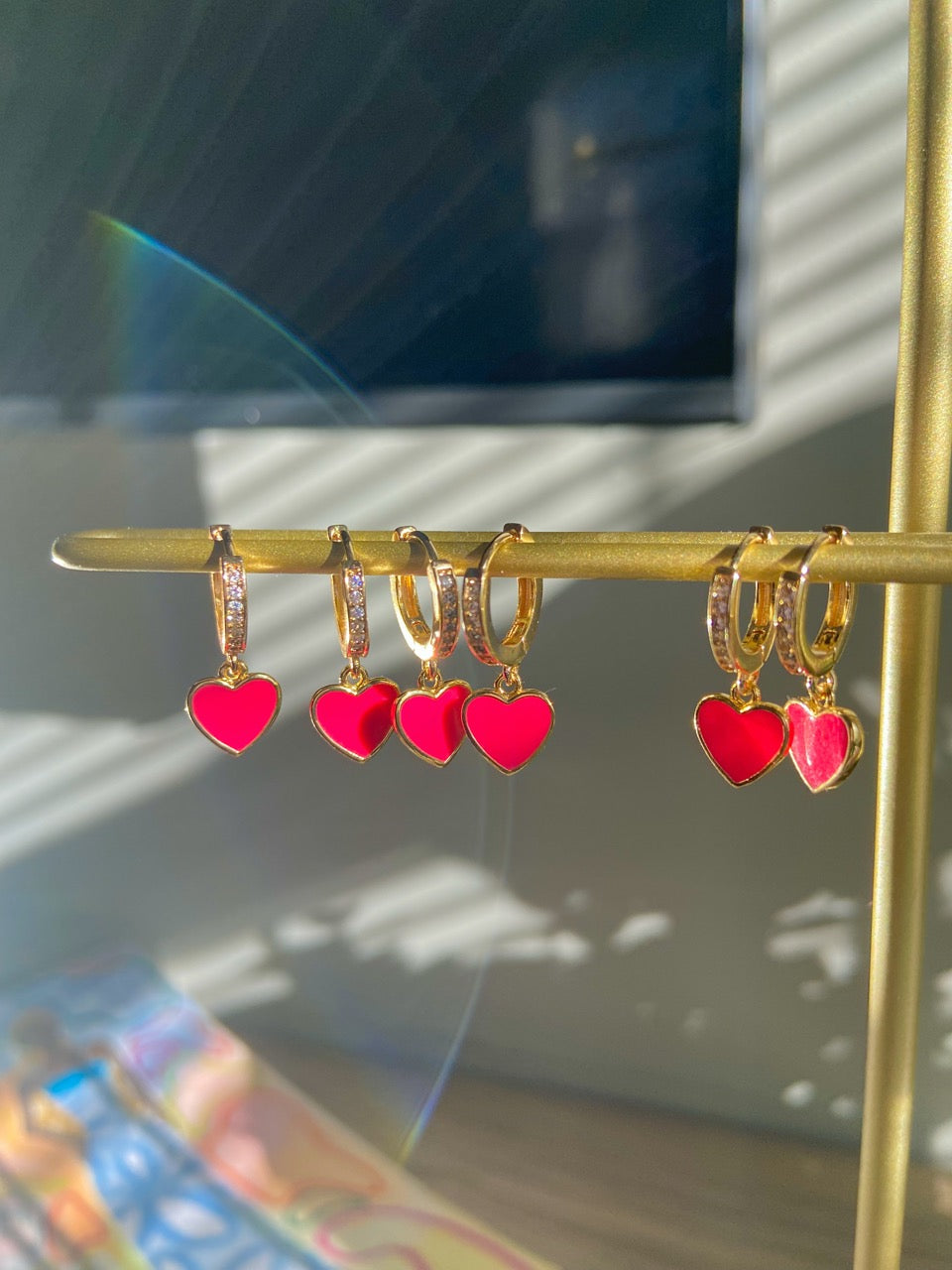 18k gold plated pink heart shaped huggie hoop earrings