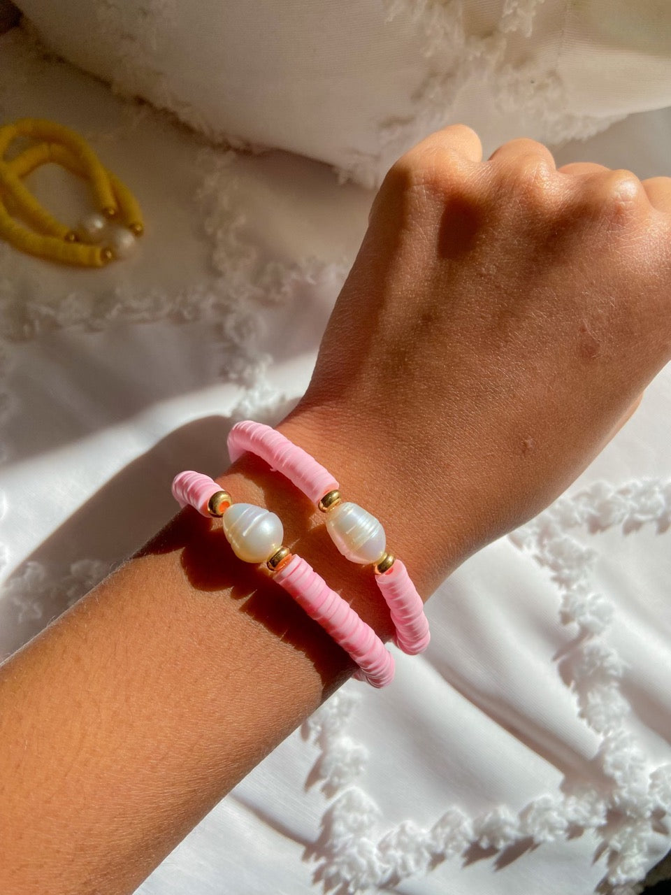 pink clay bead bracelet