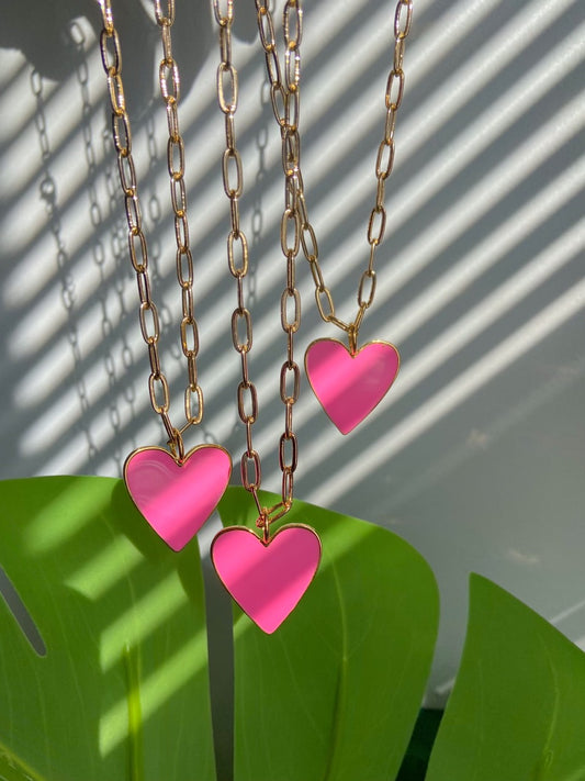  18k Gold Plated Hot Pink Enamel Heart Necklace