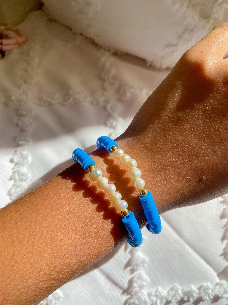 Blue clay disc bead bracelet